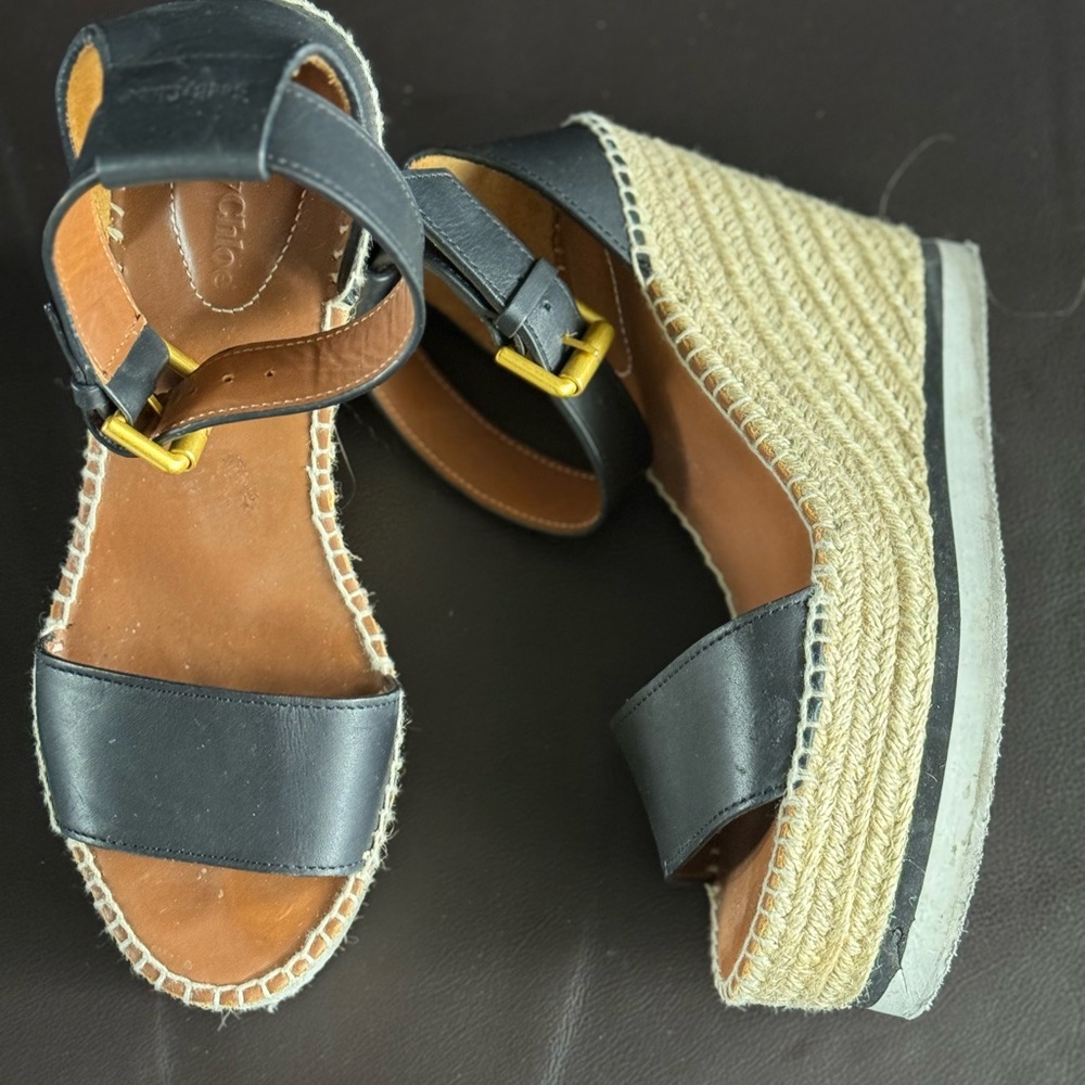 See By Chloe Black Leather Espadrille Wedge Sandal with Gold Buckle - Picture 4 of 8